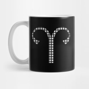 Aries Zodiac Horoscope Symbol in Black and White Gingham Pattern Mug